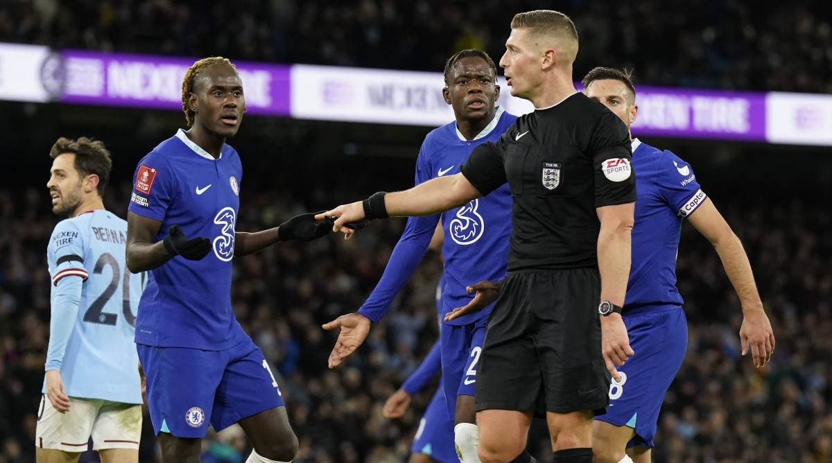 Chelsea argues a penalty call.